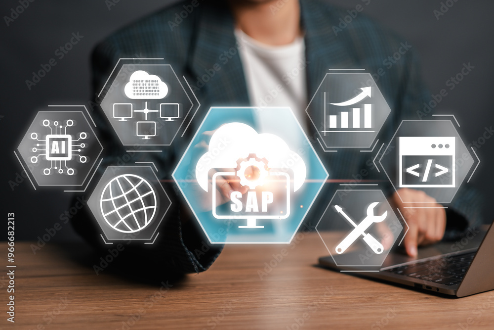 Poster business professional using a laptop and interacting with sap concept on a virtual screen, showcasin