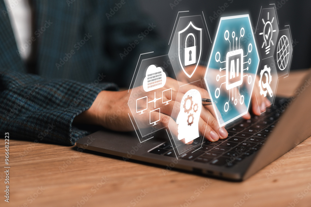 Poster hands typing on a laptop with futuristic ai interface holograms, symbolizing artificial intelligence