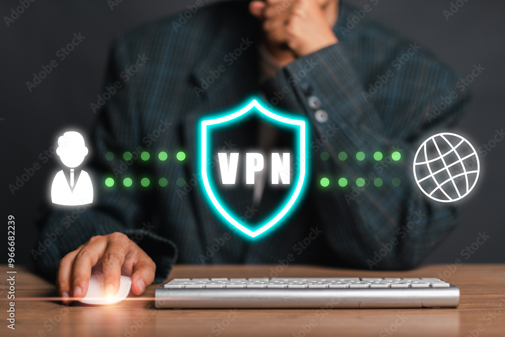 Poster businessman using a keyboard with a digital vpn shield icon, representing online privacy, data prote
