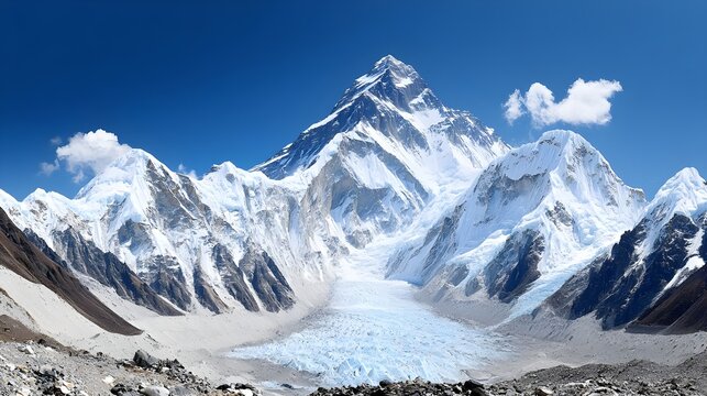 Majestic snow-covered mountain with a bright blue sky, showcasing the beauty of nature and the rugged wilderness.