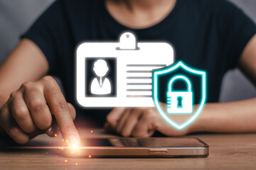 A person interacting with a digital interface representing the Know Your Customer (KYC) concept, emphasizing secure identity verification and data protection.