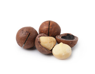 Macadamia nuts with shells isolated on white
