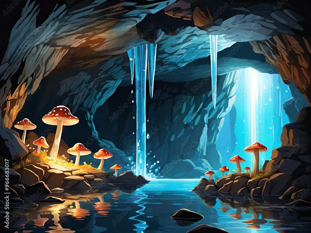 Sticker a cartoon illustration of cave with a beautiful landscape background