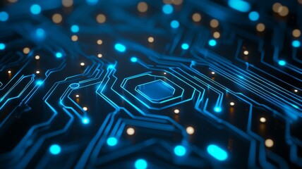 A computer chip with a blue background and a lot of small lights