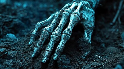 Close-up of a skeleton hand emerging from the ground in a cemetery, dirt falling away