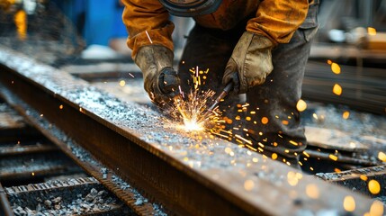 Welder Working on Metal in Industrial Workshop Sparks Fly