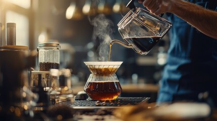 Barista Preparing Aromatic Coffee Drink on Wooden Table in Cozy Cafe Setting