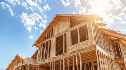 Wooden frame structure of a new residential home under construction against a cloudy blue sky