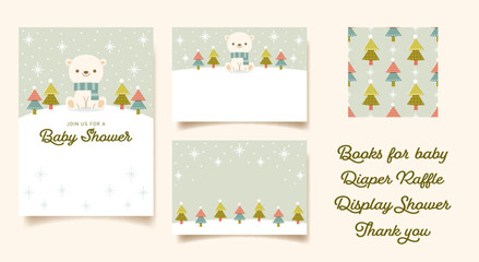 Set of winter Baby Shower invitation, insert card designs, and coordinated seamless pattern featuring adorable baby polar bear and trees.