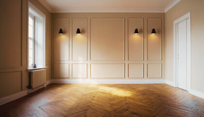 Elegant empty room with beige walls, wall sconces, and herringbone wooden flooring, offering a refined and cozy atmosphere.
