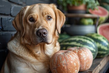 A dog protects two watermelons  a playful scene of canine vigilance and summer treats