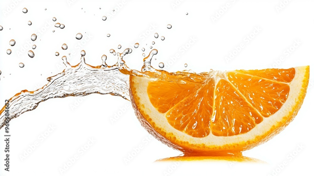 Poster a slice of orange is floating in a splash of water