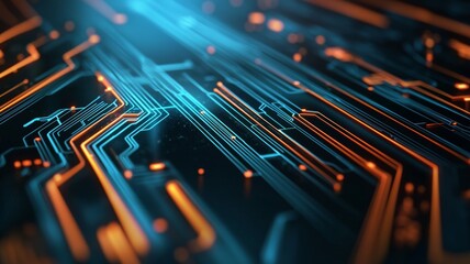 A close up of a circuit board with blue and orange lines