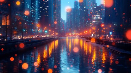 Obraz premium Cityscape with Rain and Reflections on a Waterway