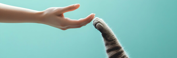 Man giving open hand to cat. Woman touching cats paw as sign of support, compassion and care. Relationship friendship of human and domestic animal pet. Banner header for a website.   