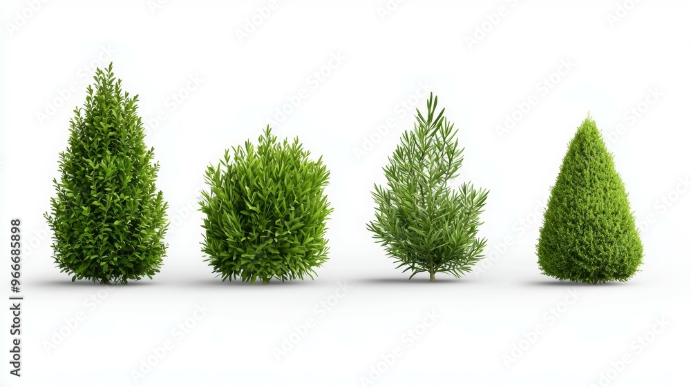 Poster four different types of green trees are shown in a row
