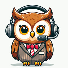 Fototapeta premium A cute cartoon owl wearing a suit and tie with a headset on his head