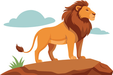 A lion is standing on a rock in front of a cloudy sky. The lion is looking to the right