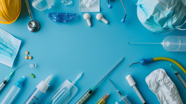 Medical tools on a blue background with World Health Day text overlay, emphasizing global health and education.
