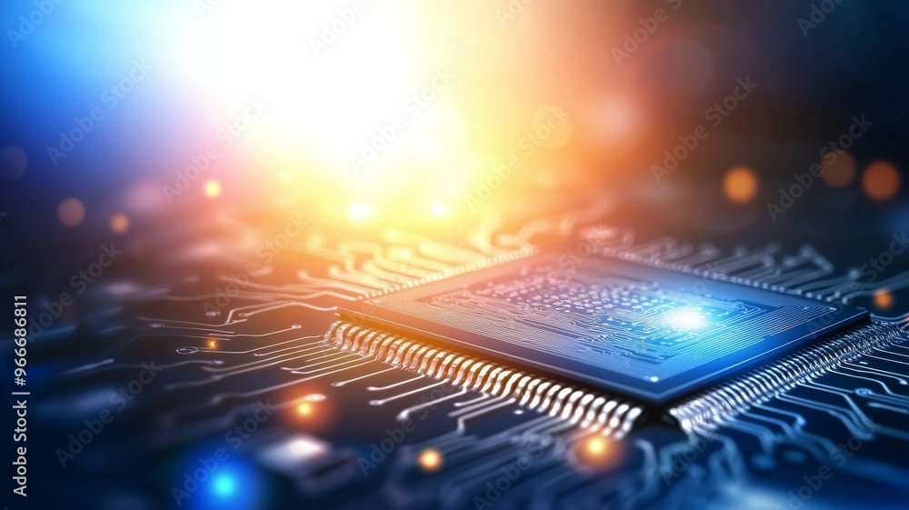Poster a computer chip with a blue light shining on it
