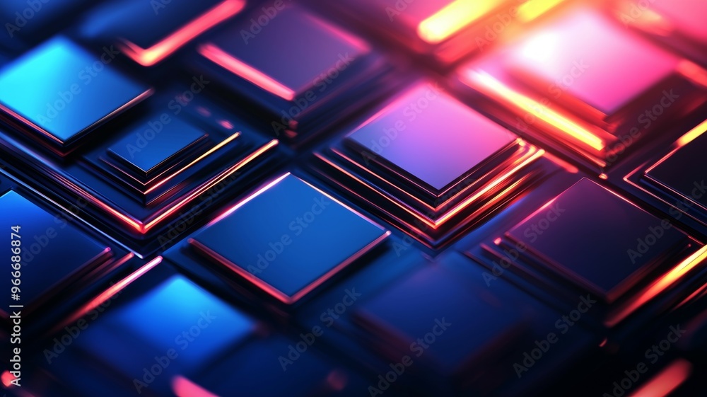 Poster a computer chip with a blue background and red and yellow squares