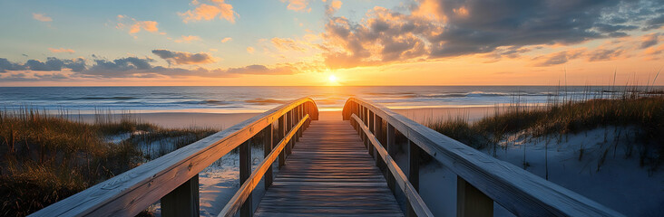 Obraz premium Panorama view of footbridge to the beach at sunrise 