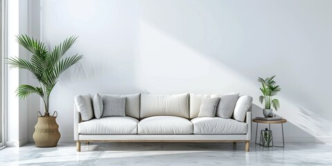 Stylish contemporary living room in a modern apartment Trendy Scandinavian home design with minimalist decor Sofa against a white wall with natural accents