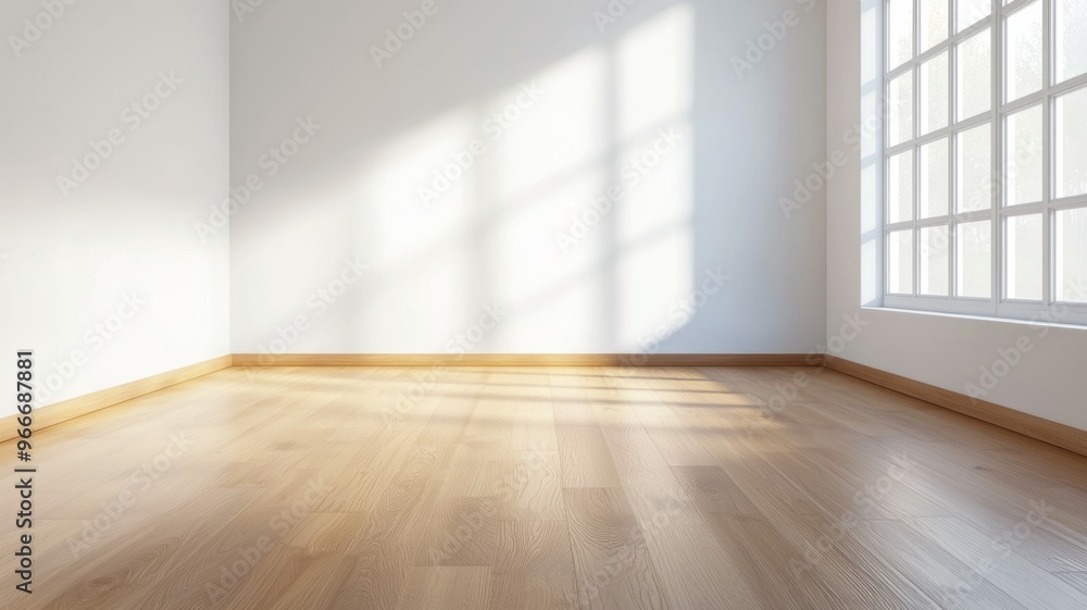 Poster a large empty room with a window and a wooden floor