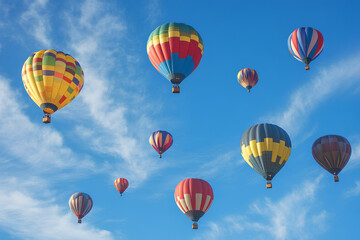 Obraz premium A vibrant display of colorful hot air balloons soaring in a clear blue sky.