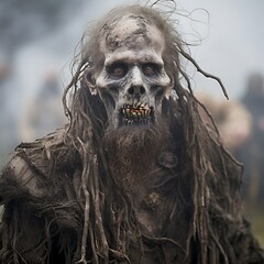 A close-up shot of a man in a zombie costume with rotting flesh, long hair, and a beard.