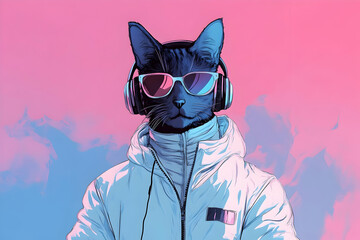 illustration of fantasy character with cat head in sunglasses and headphones wearing white jacket listening to music against pink and blue background   