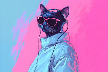 illustration of fantasy character with cat head in sunglasses and headphones wearing white jacket listening to music against pink and blue background   