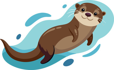 A cartoon otter is swimming in the water. The otter is smiling and he is enjoying itself