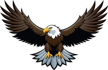 Obraz premium A large eagle with its wings spread out. The eagle is looking at the camera. The eagle is the main focus of the image