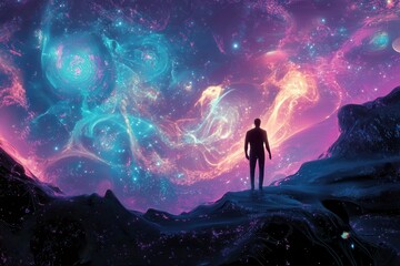 Fototapeta premium Silhouette of a Man Standing on a Ridge Against a Galaxy Background