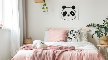 Pink pillow and coverlet on handmade bed in girls bedroom with panda drawing on white wall