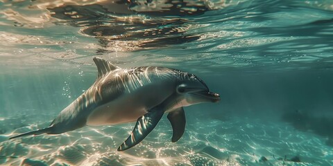 Obraz premium A dolphin swims in transparent, shallow water as sunlight bounces off its shimmering skin.