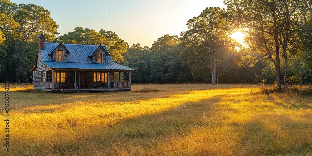 Poster A Rustic Cabin in the Golden Hour