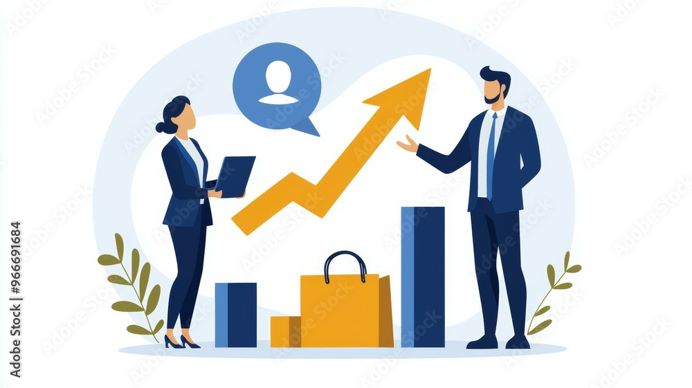 Poster a man and a woman are standing in front of a graph with a line going up