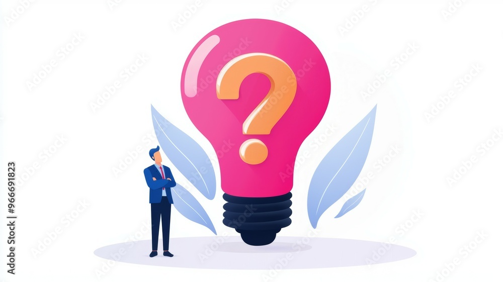 Poster a man stands in front of a light bulb with a question mark on it