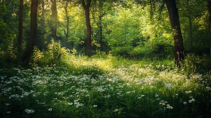Obraz premium Sunlight filtering through a forest canopy, illuminating a field of wildflowers