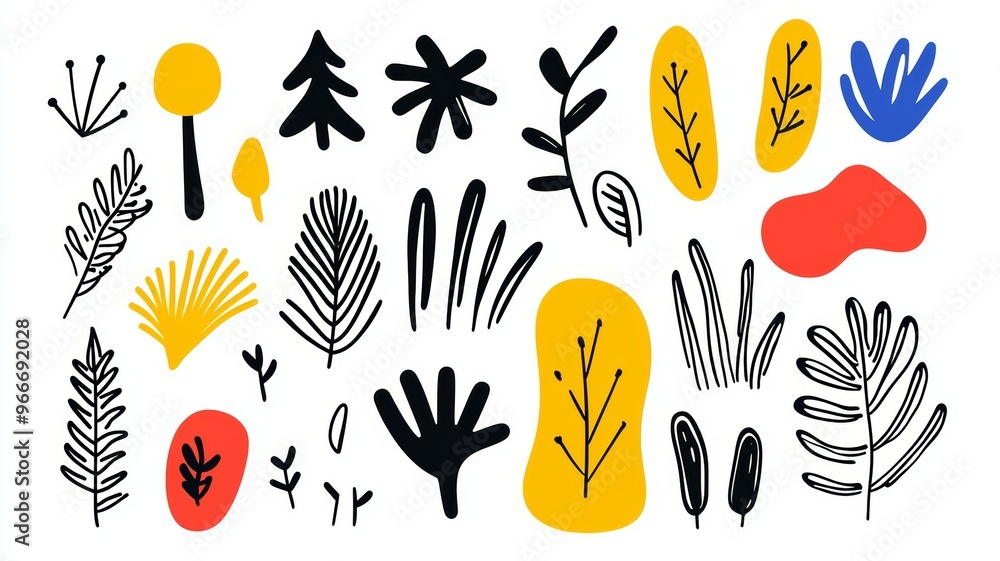 Poster a collection of abstract leafy shapes and lines in various colors