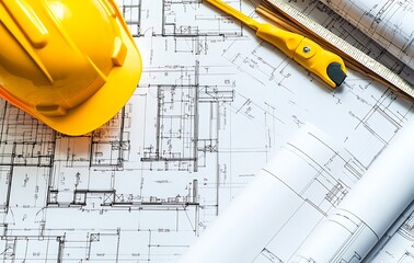 Blueprints lying on a construction site while remodeling a house - home improvement concepts.