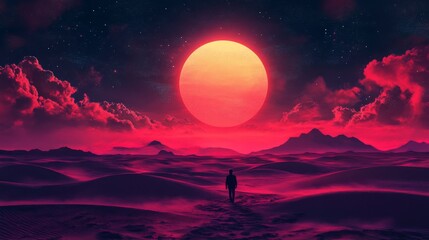 Fototapeta premium A lone figure walks across a crimson desert under a giant red sun
