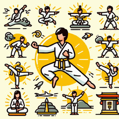 pattern with sports icons set of karate player moves vector icon sheet silhouettes