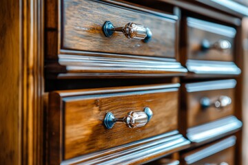 Close-up of Wooden Drawers with Polished Metal Handles