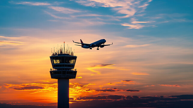 Silhouette of an airplane flying over the control tower at sunset