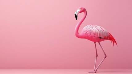 A pink flamingo stands in front of a pink wall