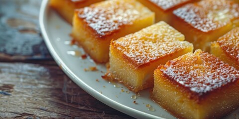 Slices of Traditional Chinese Baked Sweet Cassava Cake on a White Plate