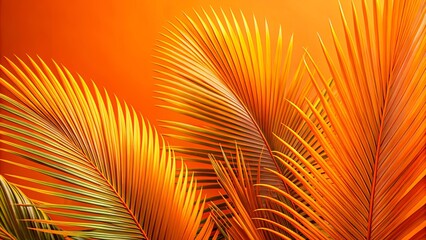 Obraz premium Close up of vibrant orange palm tree fronds with long, thin leaves against a bright orange backdrop